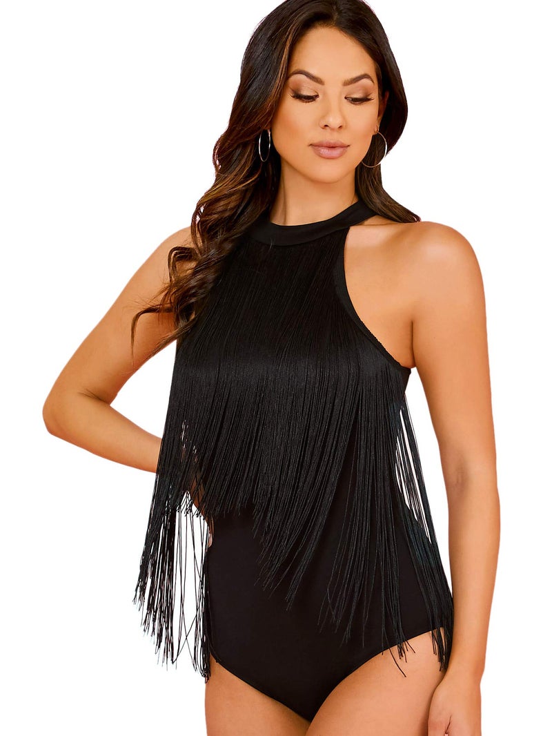 Verdusa Women's Western Fringe Tops Boho Sleeveless Bodycon Halter Bodysuit Top Cowboy Outfits Black X-Small - Image 4